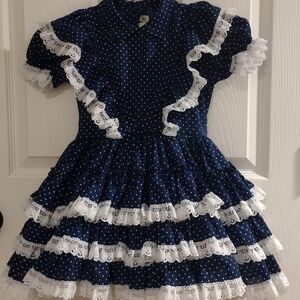 Emma's Rainbow Dress Girl's 4T Blue White Dots Ruffles Lace Full Circle Vintage
